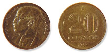 Moeda de 20 centavos em liga de bronze e alumínio com efígie de Rui Barbosa. Circulou entre 1948 e 1956.